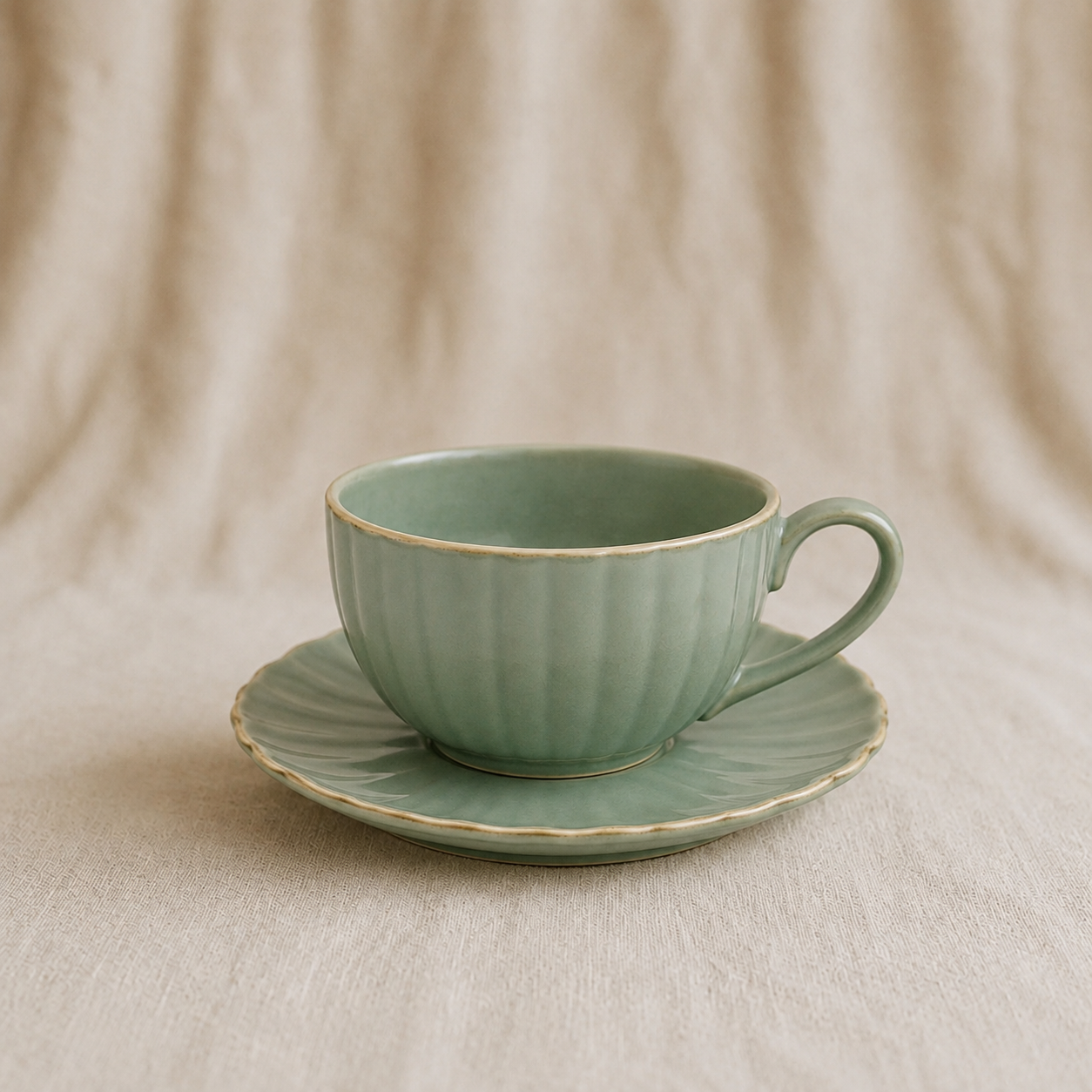 Coffee Cup And Saucer Gray Green Pumpkin