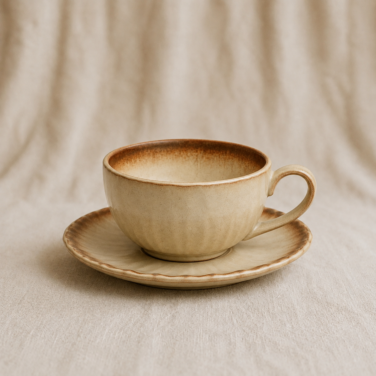 Coffee Cup And Saucer White Brown Pumpkin