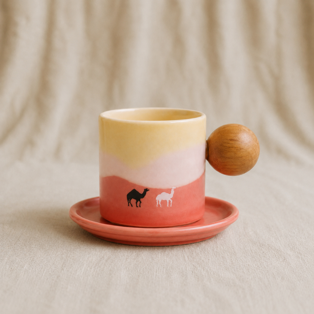 A ceramic coffee cup and saucer set with a warm gradient design of yellow, cream, and coral pink, featuring small camel and deer illustrations. The cup has a round wooden handle, and the background is a soft beige fabric.