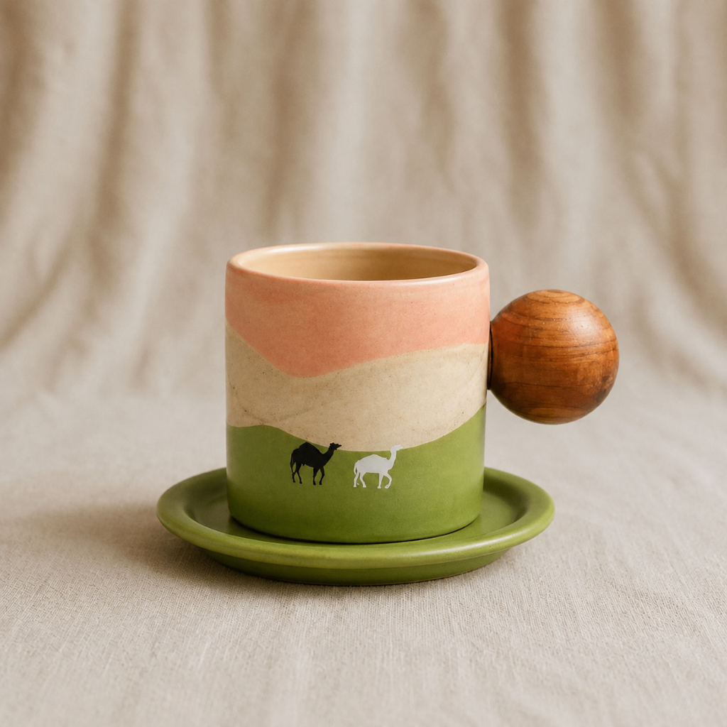 A ceramic coffee mug with a matching saucer, featuring a hand-painted landscape design in green, beige, and pink, with a small wooden ball handle and two small animal illustrations on the side.
