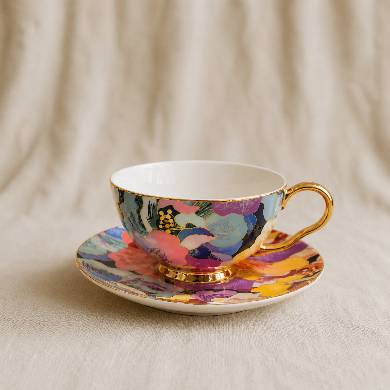 Colorful Peony Coffee Pair Cups Set of 2