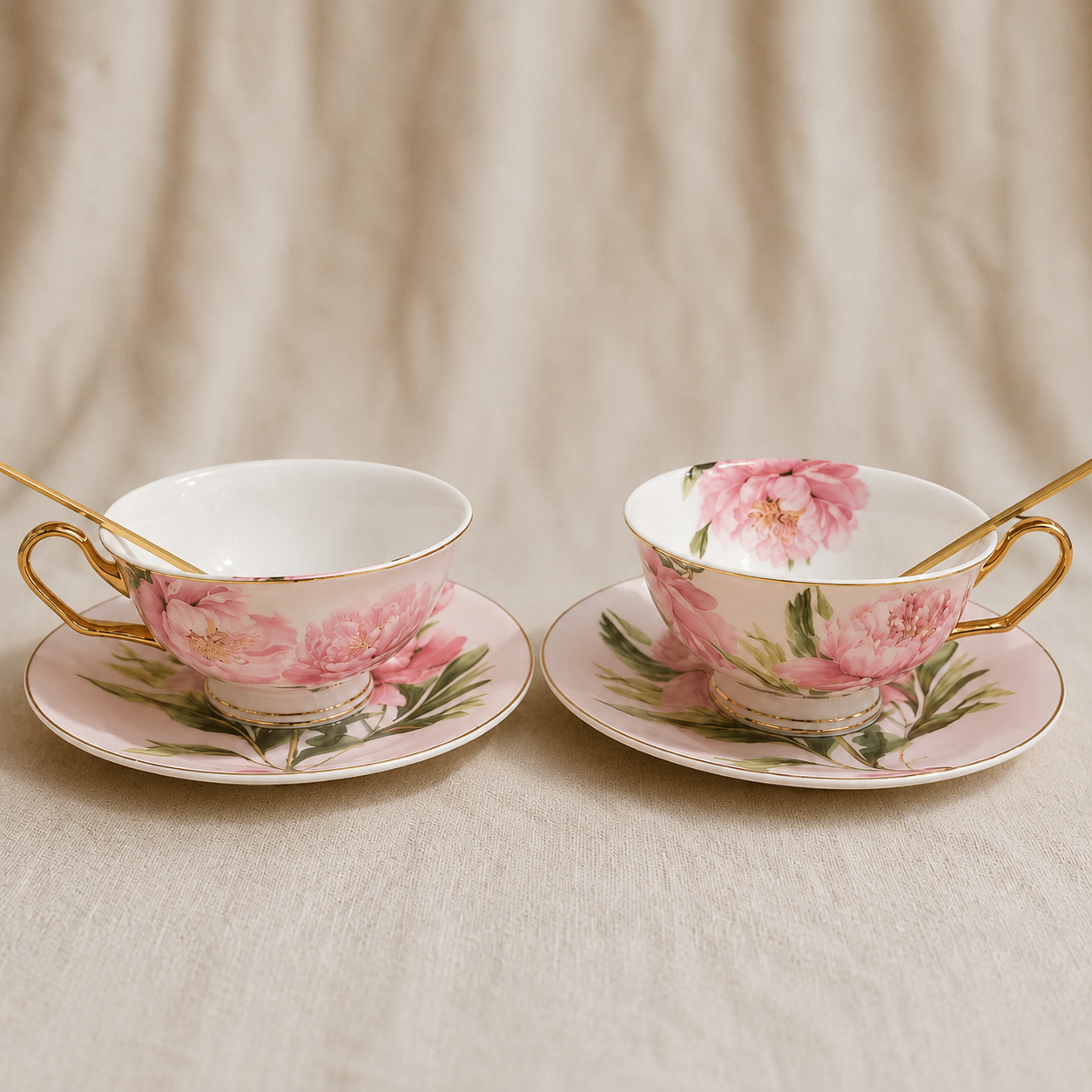 Pink Peony Coffee Pair Cups Set of 2