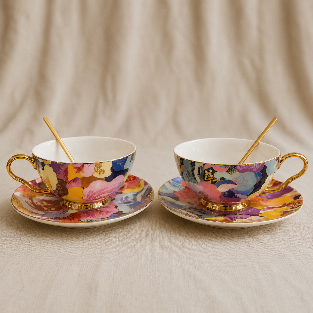 Colorful Peony Coffee Pair Cups Set of 2