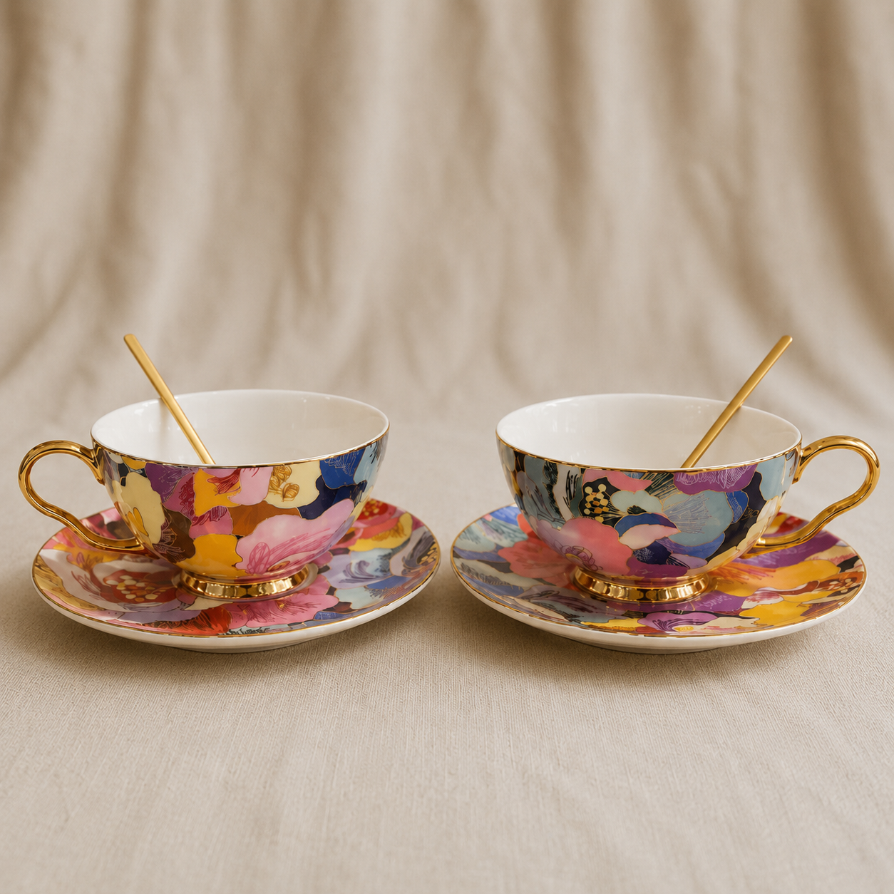 Colorful Peony Coffee Pair Cups Set of 2