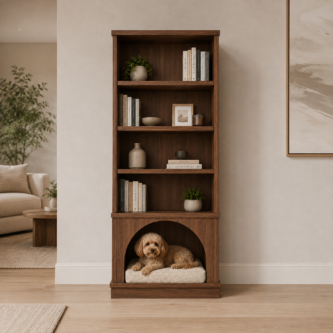 A tall dark wood bookcase with five shelves and a lower arched pet bed, shown in a styled living room with a small dog lying inside. The bookcase is styled with books, vases, and small potted plants.