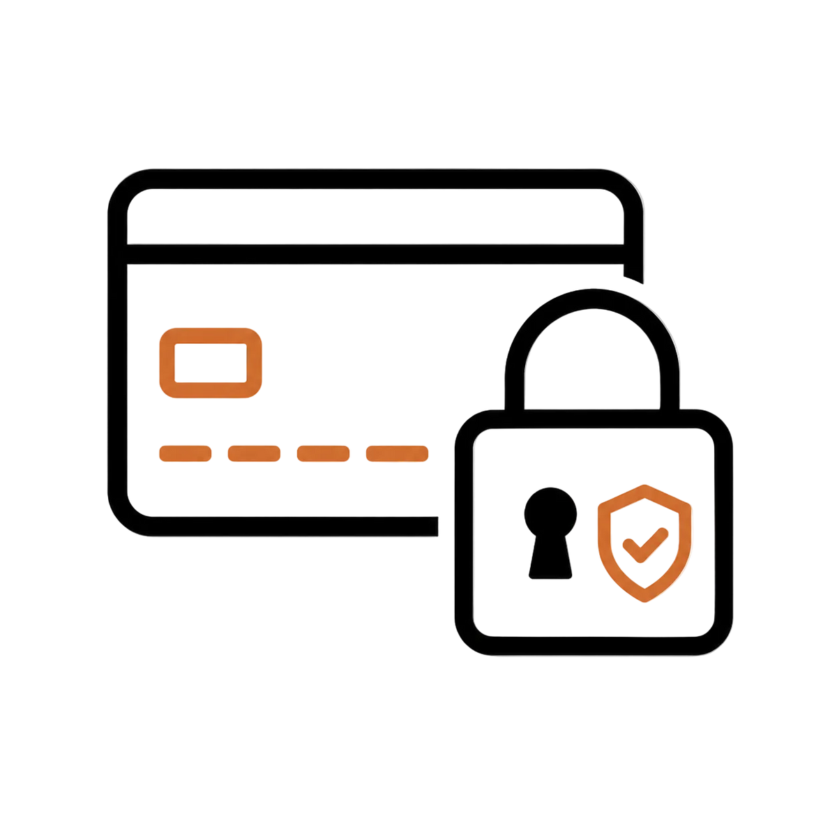 A minimalist line icon showing a credit card next to a padlock with a shield and keyhole, rendered in black and orange on a white background.