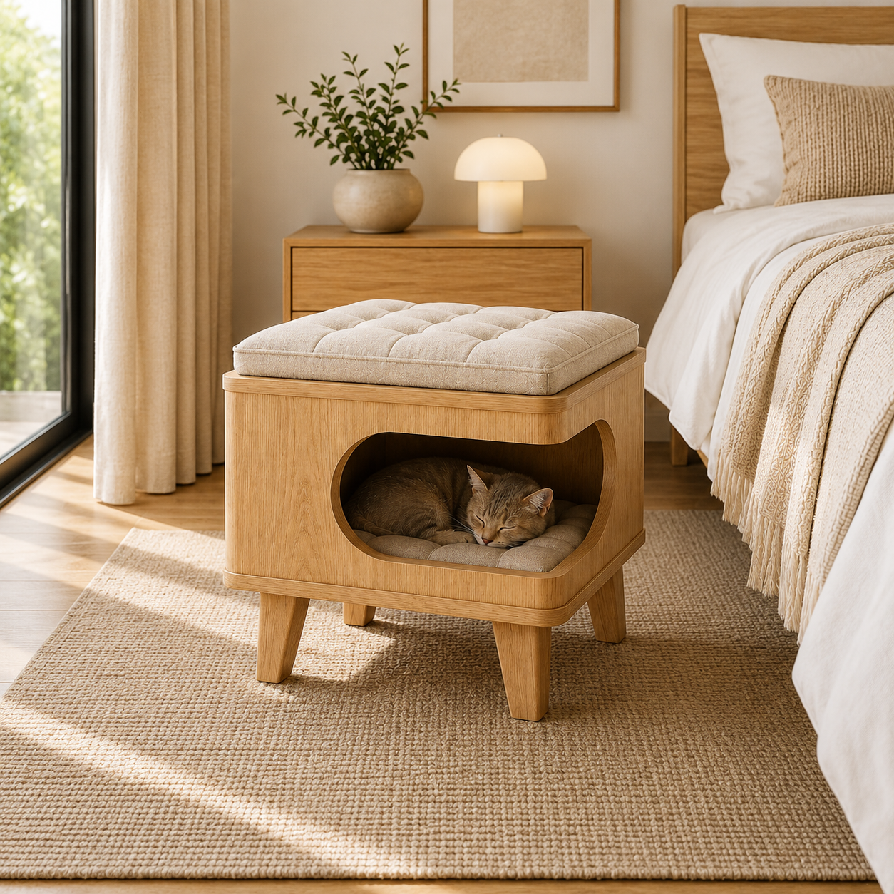 Modern Wooden Pet House Ottoman with Cushion