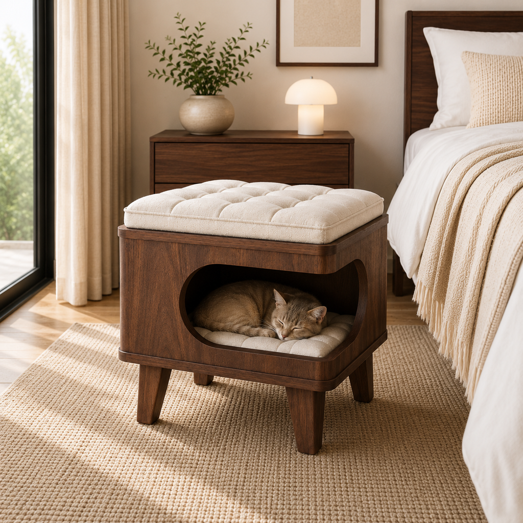 Modern Wooden Pet House Ottoman with Cushion