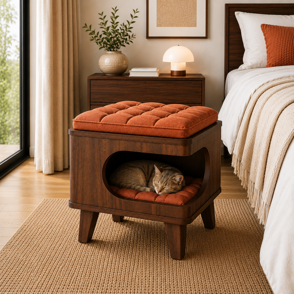 Modern Wooden Pet House Ottoman with Cushion