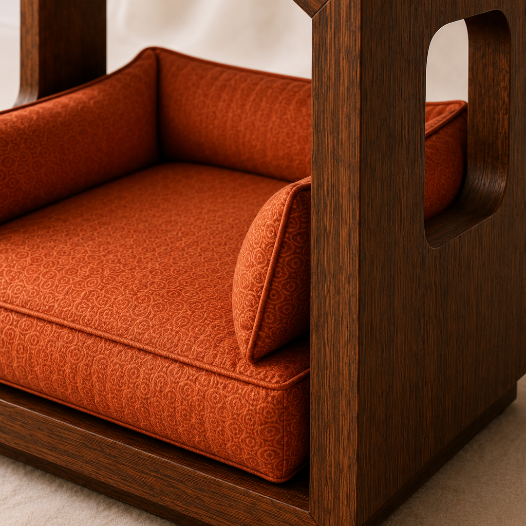 Modern Wooden House Pet Bed with Cushion - Walnut & Terracotta