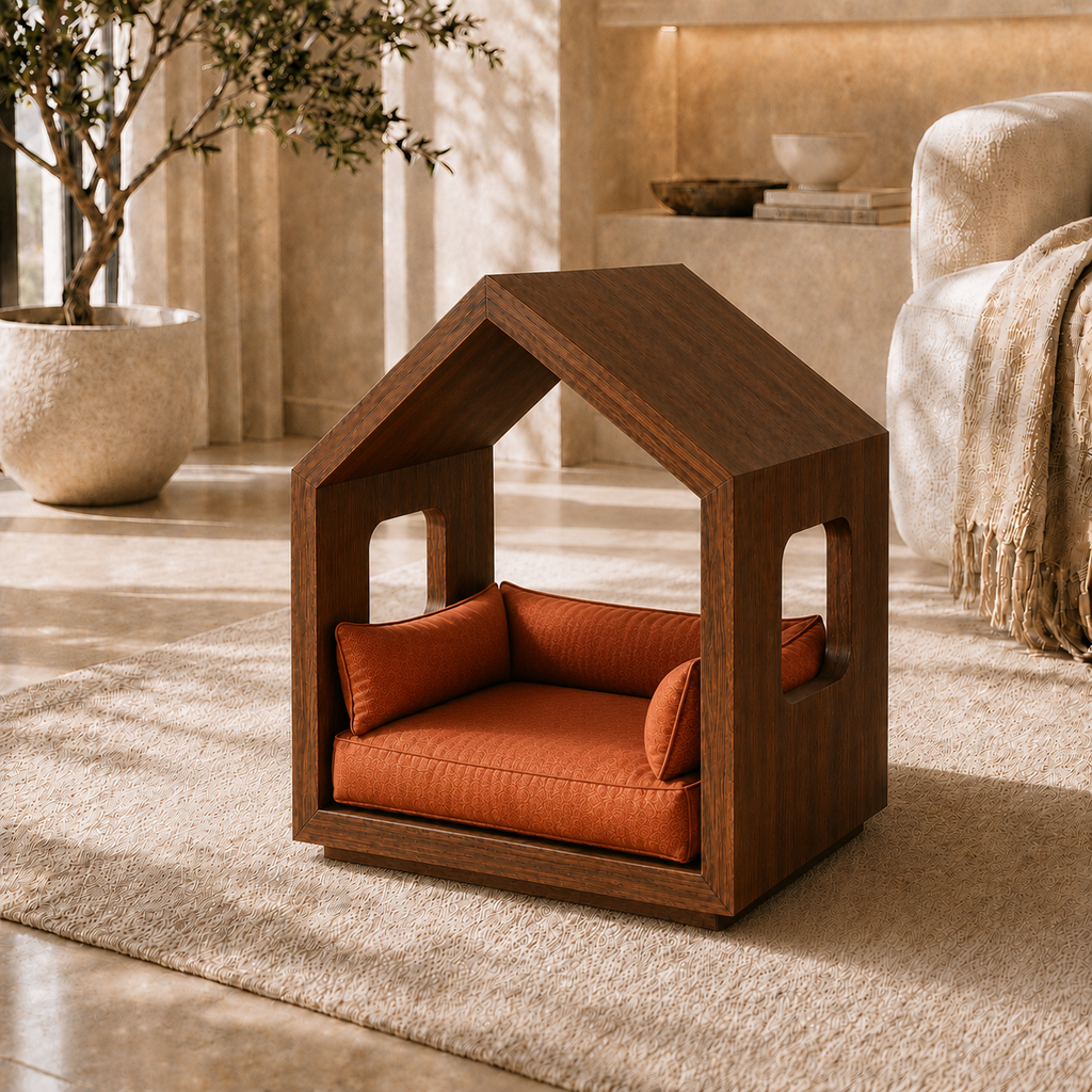 Modern Wooden House Pet Bed with Cushion - Walnut & Terracotta