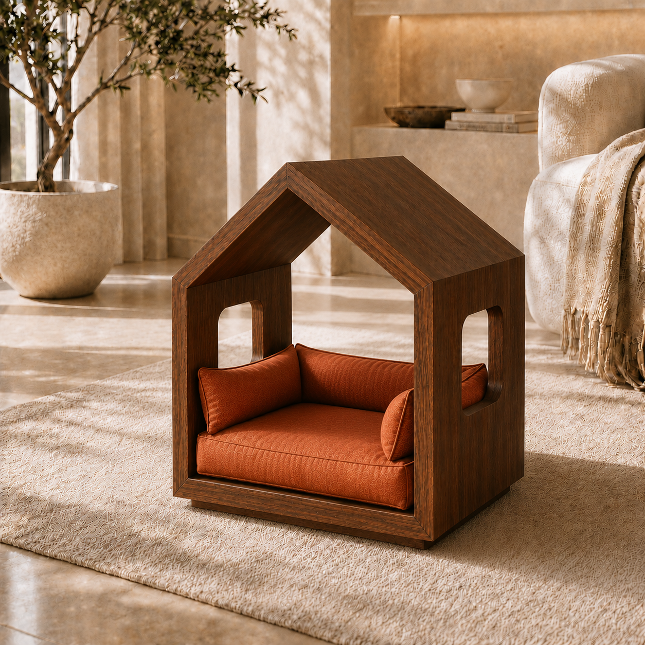 Modern Wooden House Pet Bed with Cushion - Walnut & Terracotta