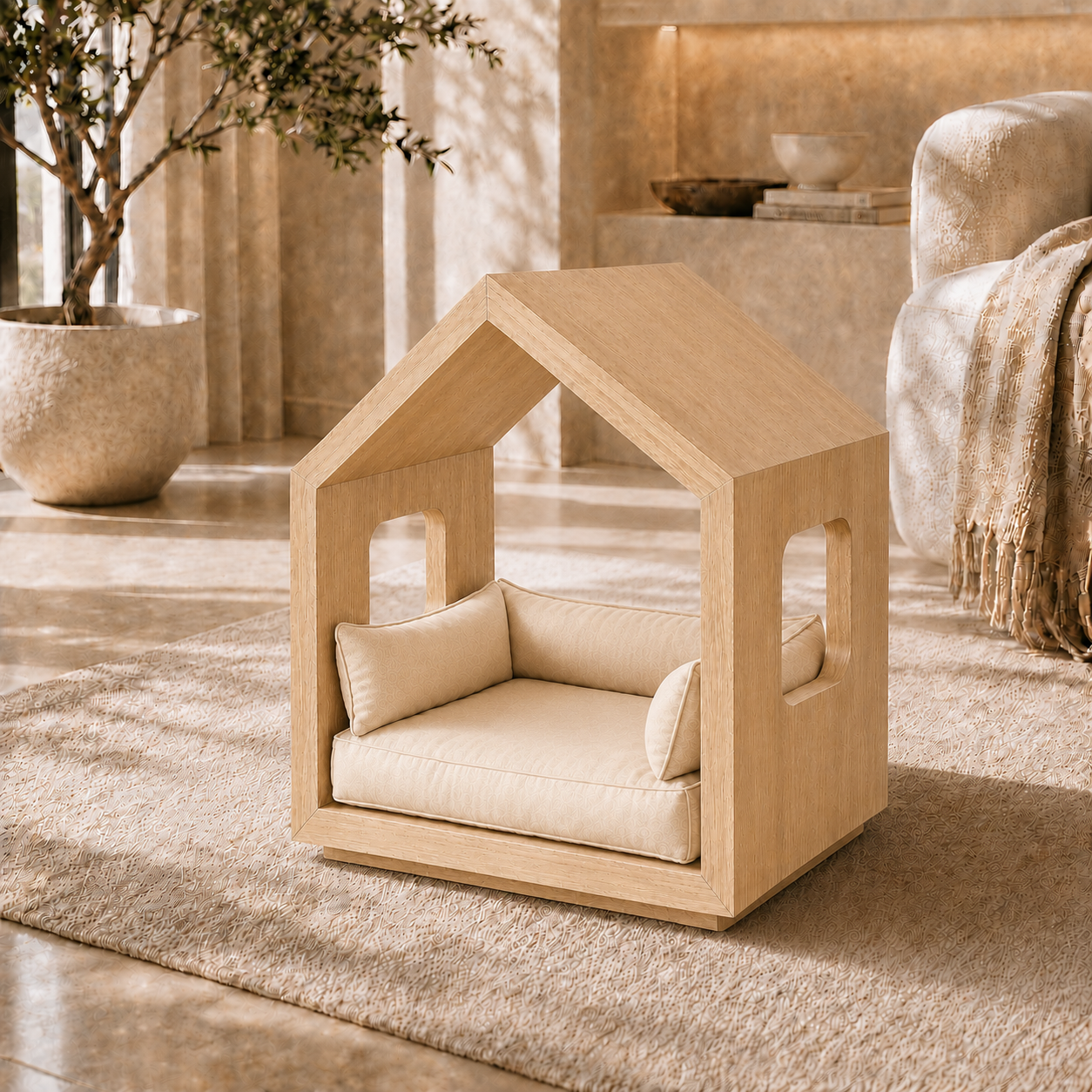 Modern Wooden House Pet Bed with Cushion - Oak & Sand Beige