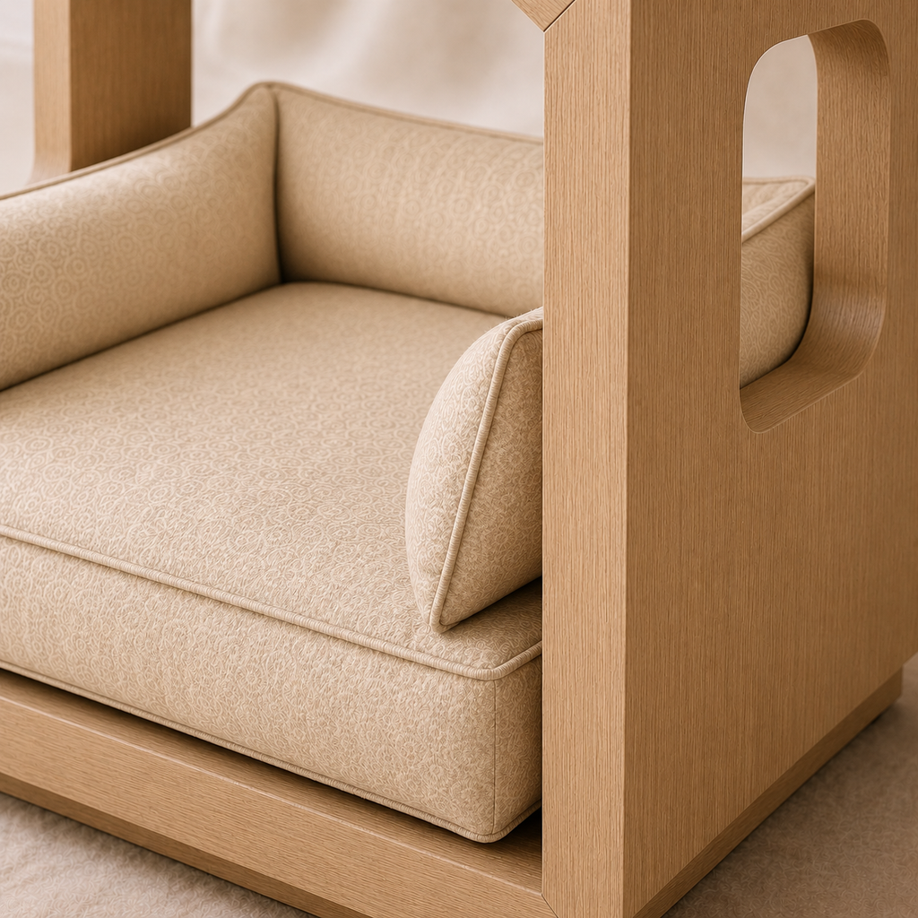 Modern Wooden House Pet Bed with Cushion - Oak & Sand Beige