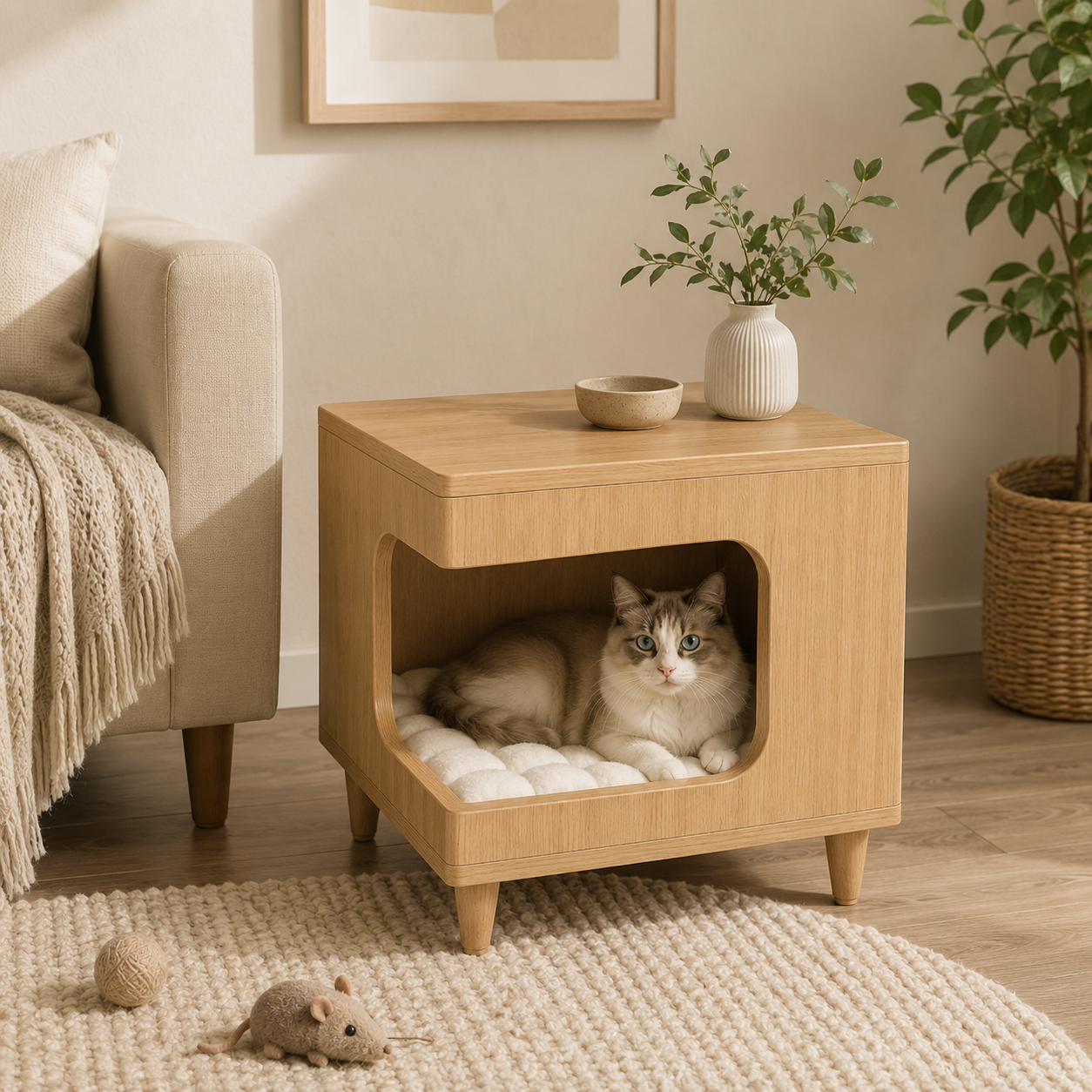Modern Wooden Pet House Side Table with Cushion Large