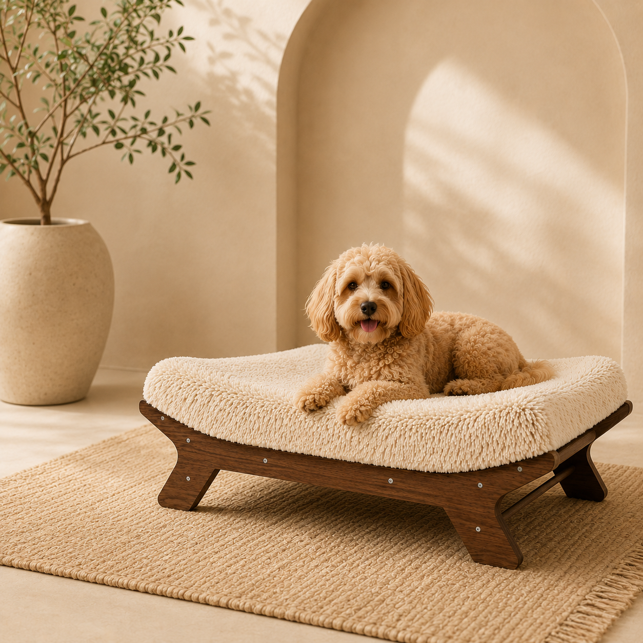 A small fluffy tan dog lies on a raised pet bed with a cream sherpa cushion and dark wood frame, placed on a woven rug in a warm beige room with an archway and potted plant in the background.