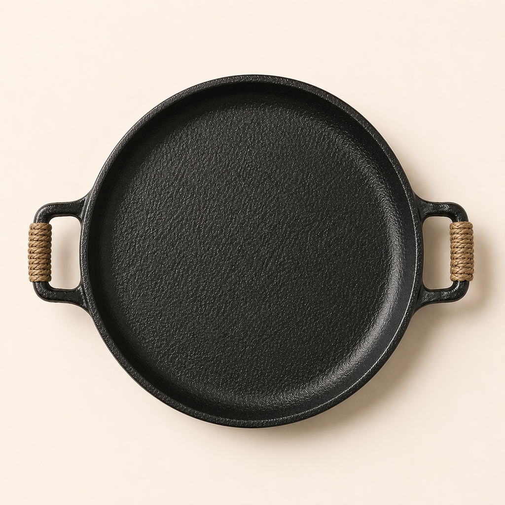 Rustic Flat Ceramic Platter With Rope Handle Black