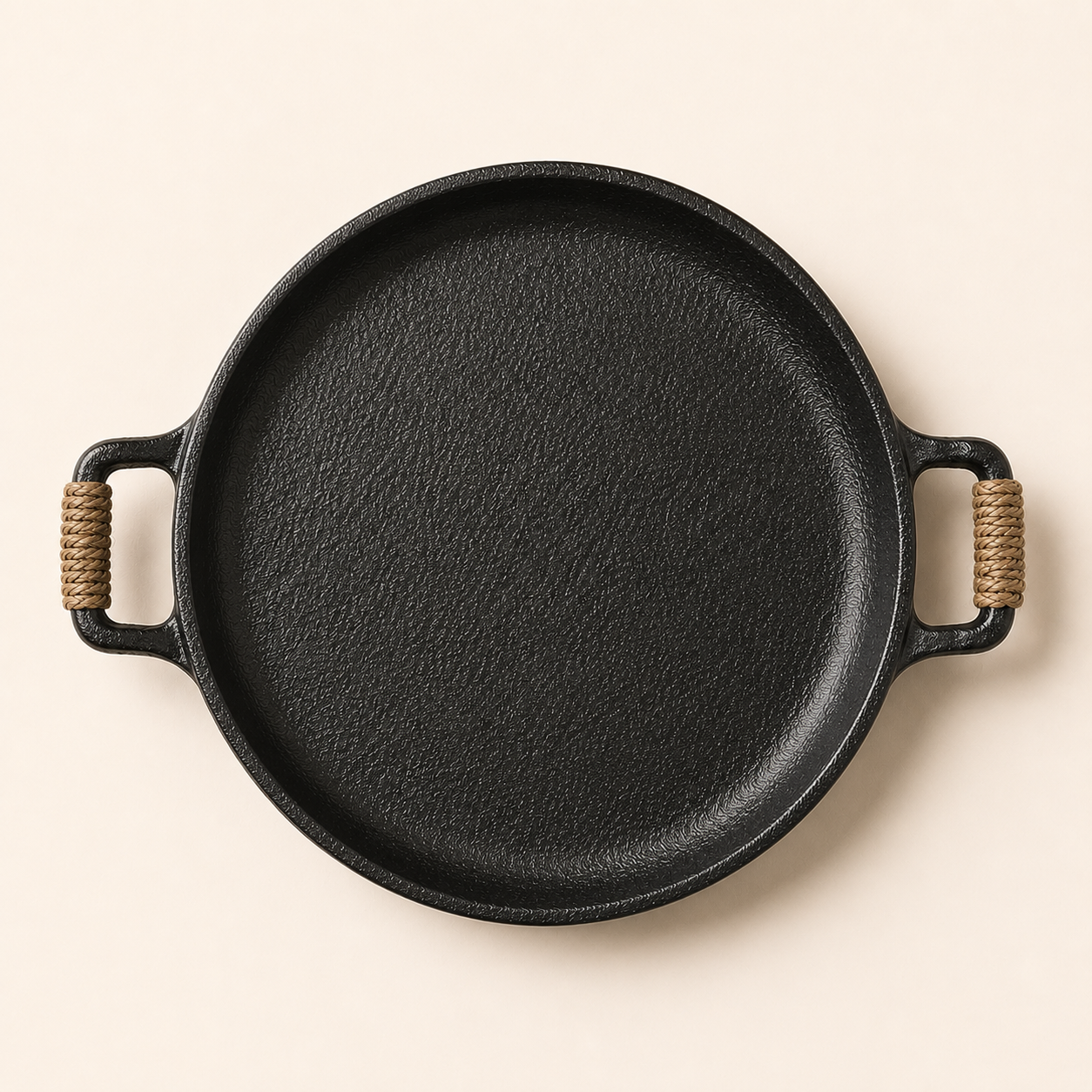 Rustic Flat Ceramic Platter With Rope Handle Black