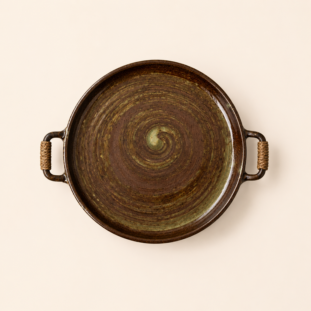 Rustic Flat Ceramic Platter With Rope Handle Brown