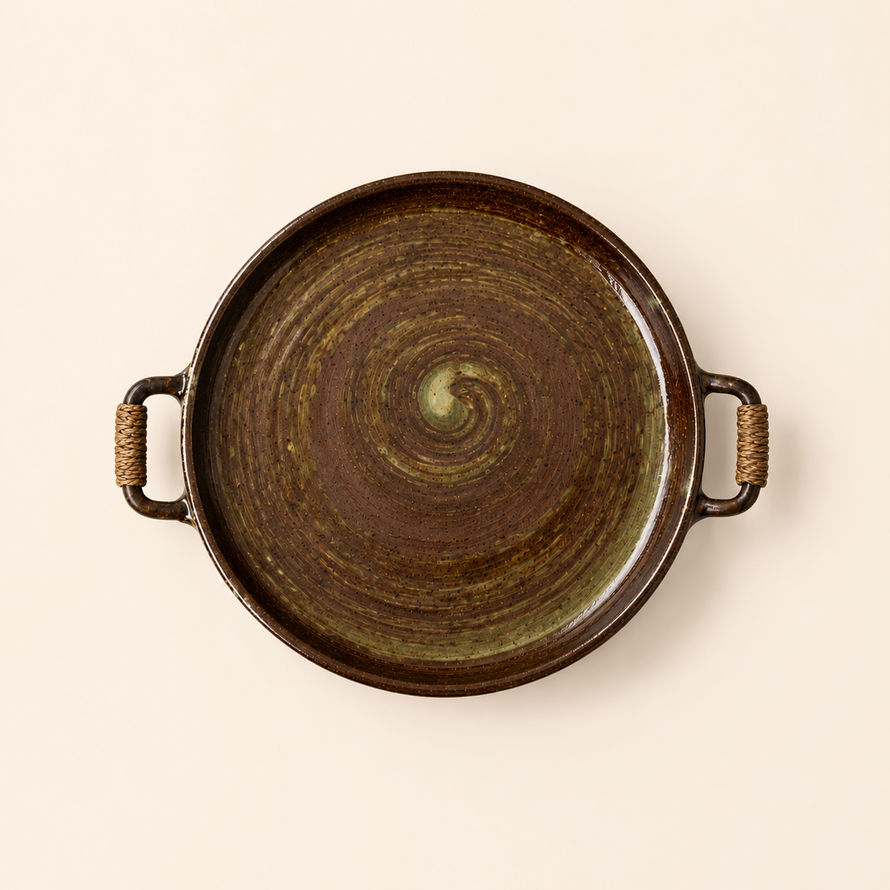 Rustic Flat Ceramic Platter With Rope Handle Brown