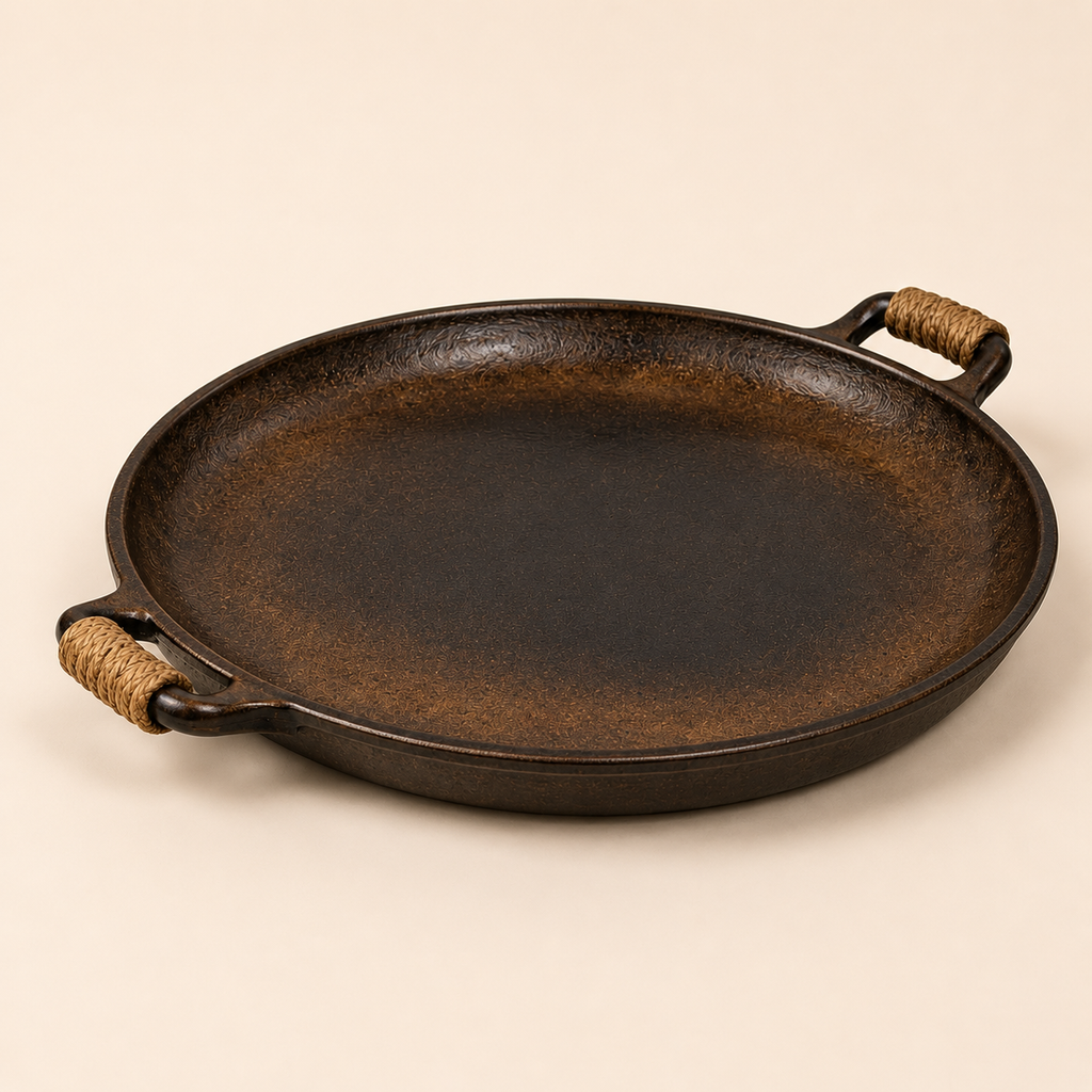 Rustic Flat Ceramic Platter With Rope Handle Bronze