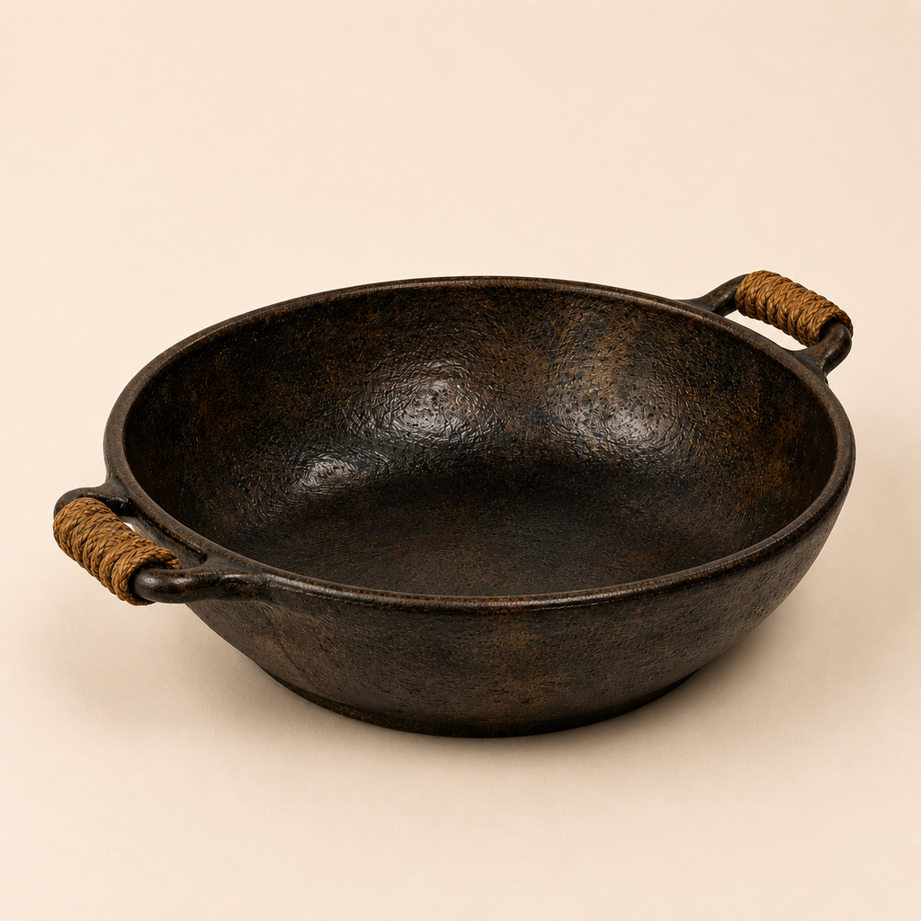 Rustic Deep Ceramic Platter With Rope Handle Bronze