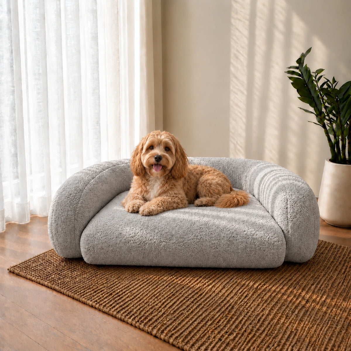 A small fluffy tan dog lies on a round light gray plush pet bed placed on a woven brown rug in a sunlit room with curtains and a potted plant.