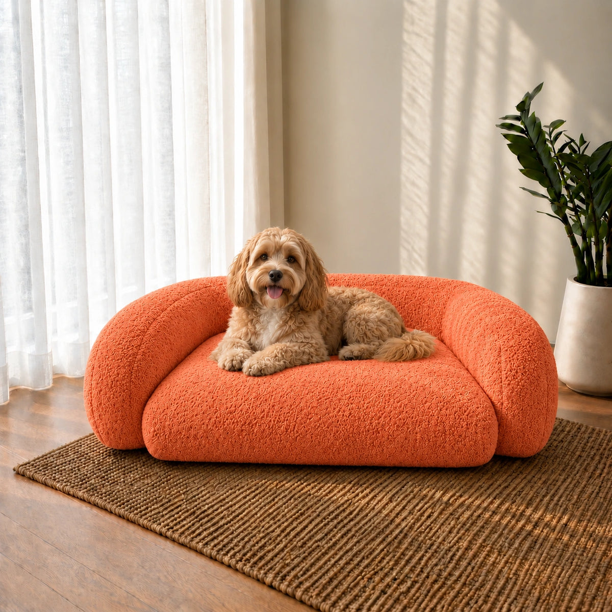 A small tan dog lies on a rounded, low-profile orange boucle pet bed placed on a woven brown rug in a bright room with sheer curtains, a potted plant, and sunlight streaming across the wall.