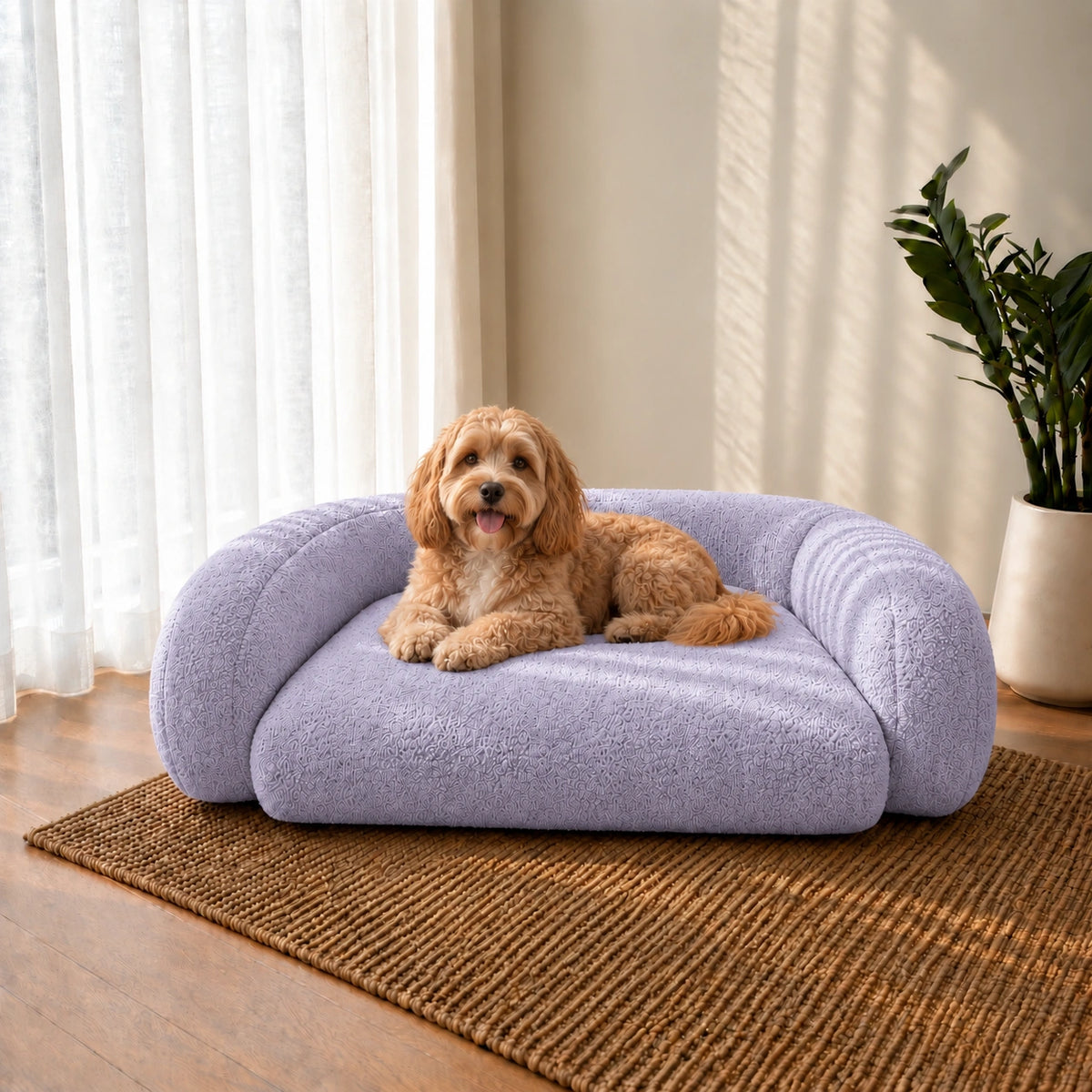 A small tan dog lies on a plush lavender pet bed placed on a woven brown rug in a bright room with sheer curtains and a potted plant.