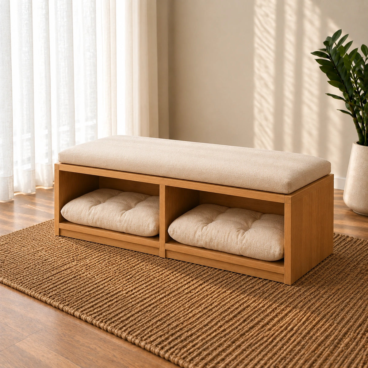 Wooden Dog Bench with Double Beds Natural - Oak & Sand Beige