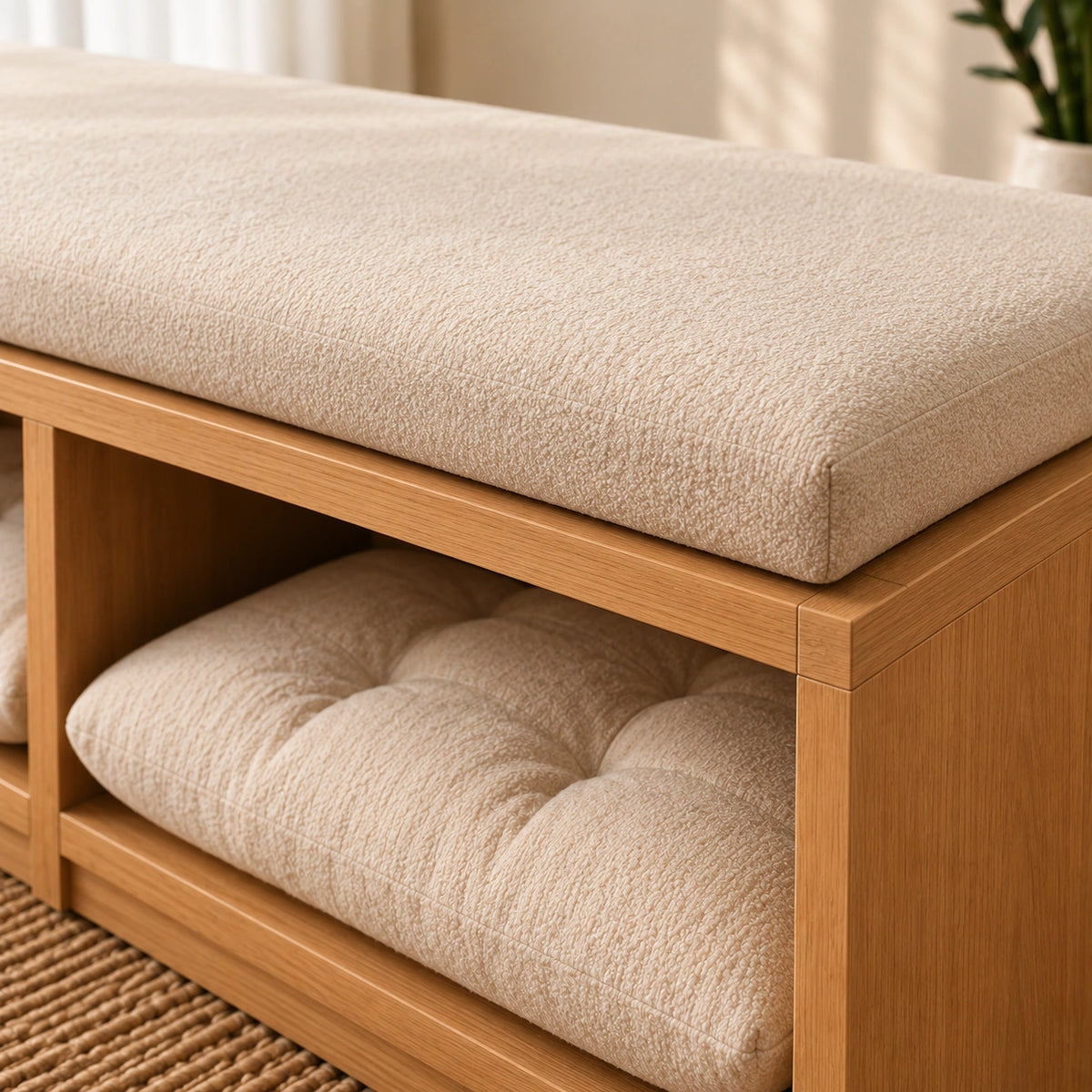 Wooden Dog Bench with Double Beds Natural - Oak & Sand Beige