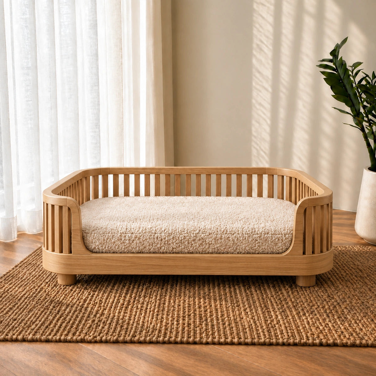 A wooden pet bed with a slatted guard and a thick textured cream cushion, placed on a woven jute rug in a sunlit room with sheer curtains and a potted plant.