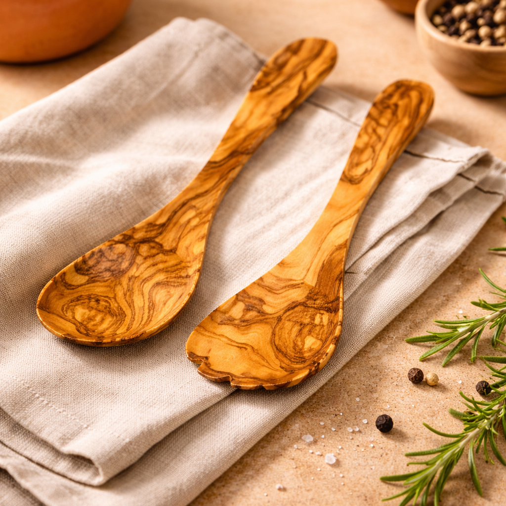 OLIVE WOOD SALAD SERVER (SPOON+FORK) 30CM