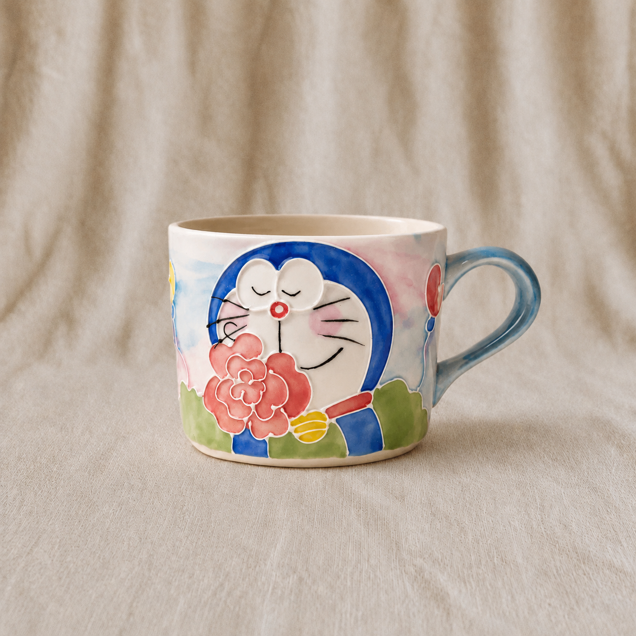 Handmade Doraemon Rose Mug with Handle
