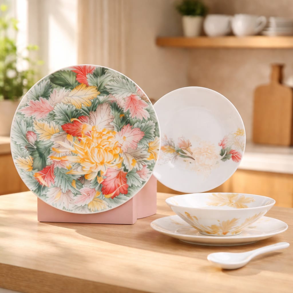 Floral-patterned plates and bowls on a wooden table with a kitchen background