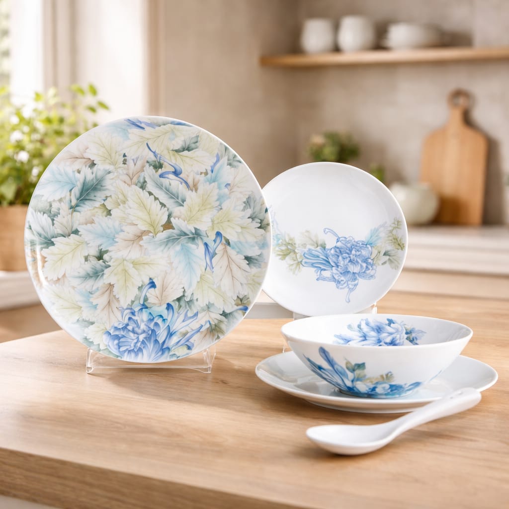 Ceramic dinnerware set with floral design on a wooden surface