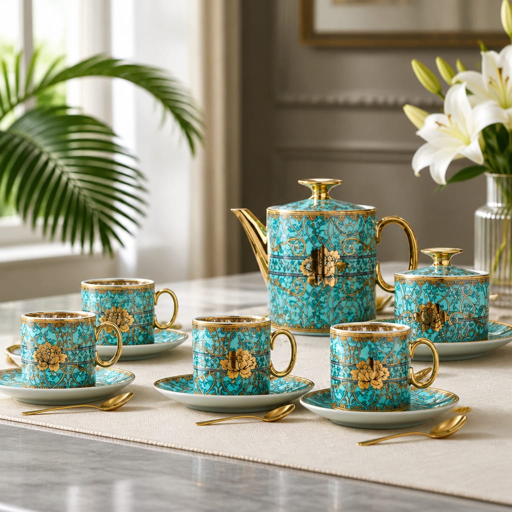 Turquoise Gold Porcelain Coffee Set (11 Piece) - 18K GOLD