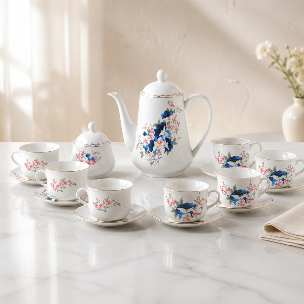 Graceful Flowes Porcelain Coffee Set (9 Piece) - 18K GOLD