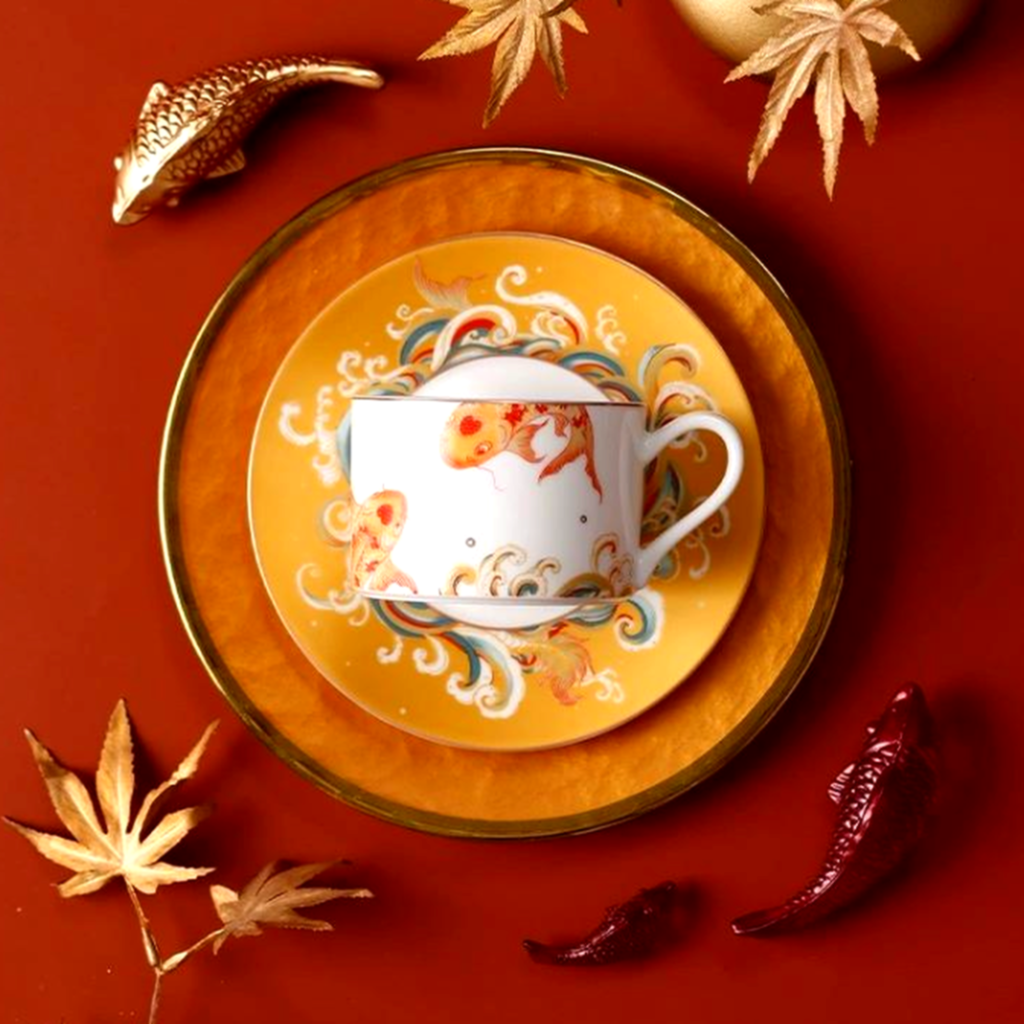 Blessing Koi Fish Porcelain Coffee Cup & Saucer - 18K Gold
