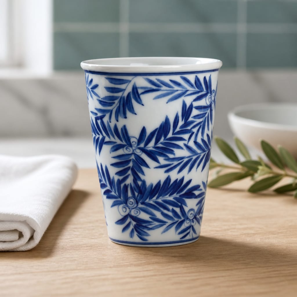 Blue and white ceramic cup with leaf pattern on a wooden surface