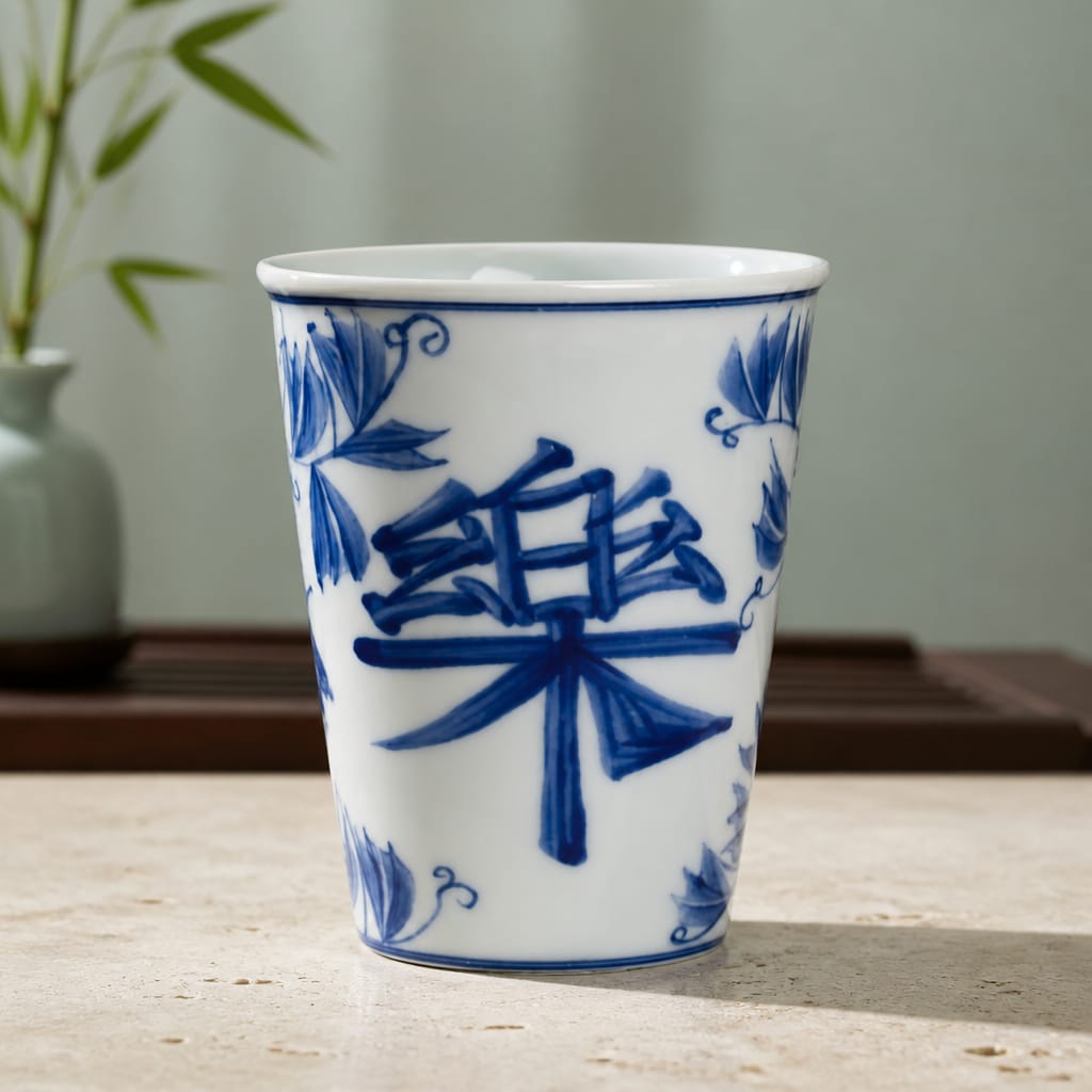White ceramic cup with blue floral and character design on a wooden surface.