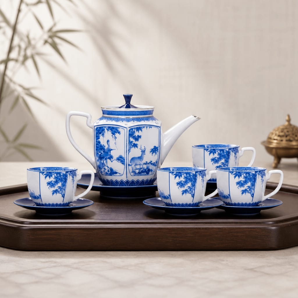 Blue and white ceramic tea set on a wooden tray with a neutral background