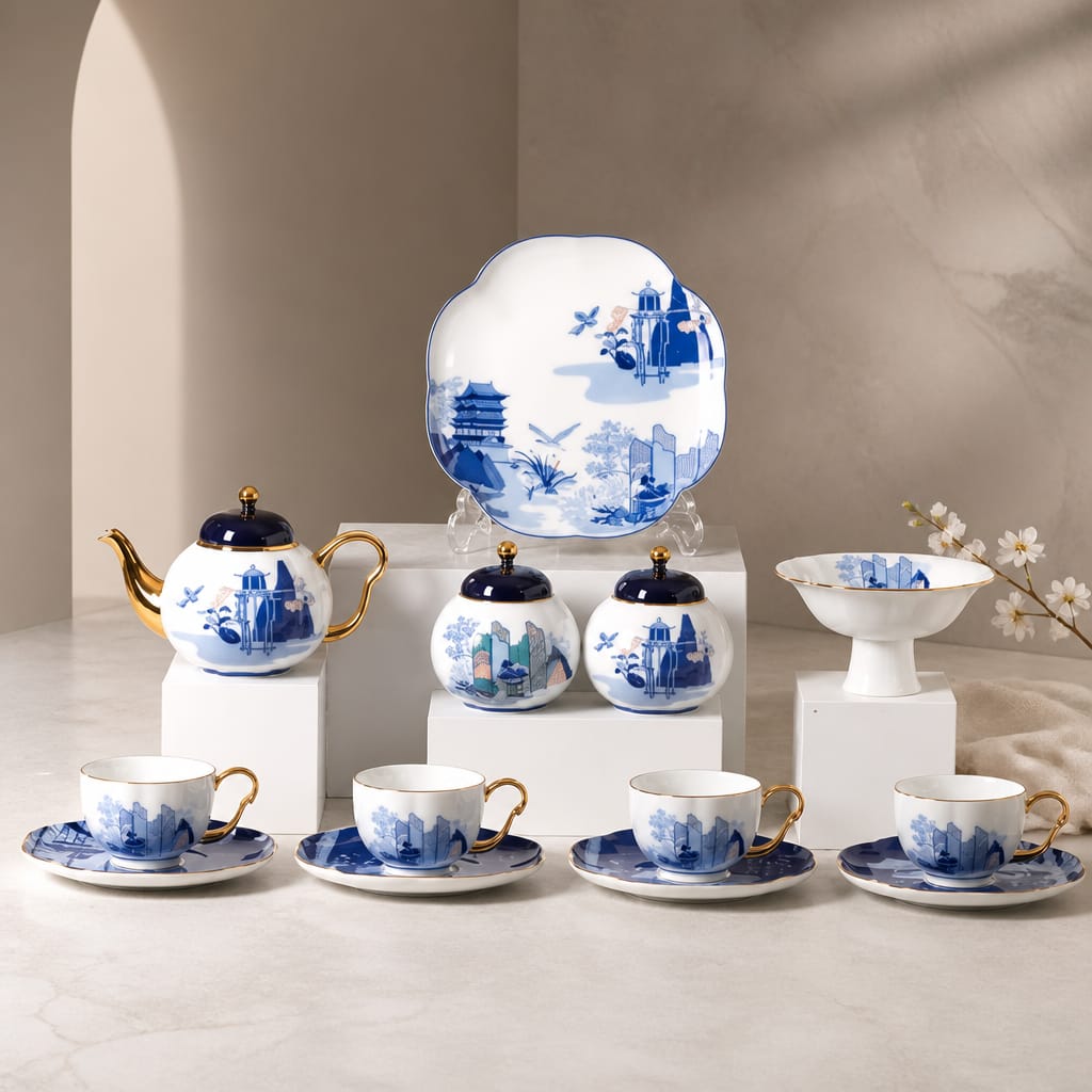 Artistic Conception Porcelain Tea Set (13 Pcs) - 18K Gold