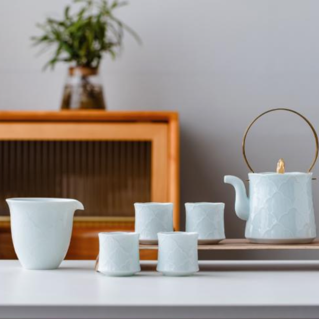 Pure Carved Porcelain Tea Pot Set (6 Pcs)