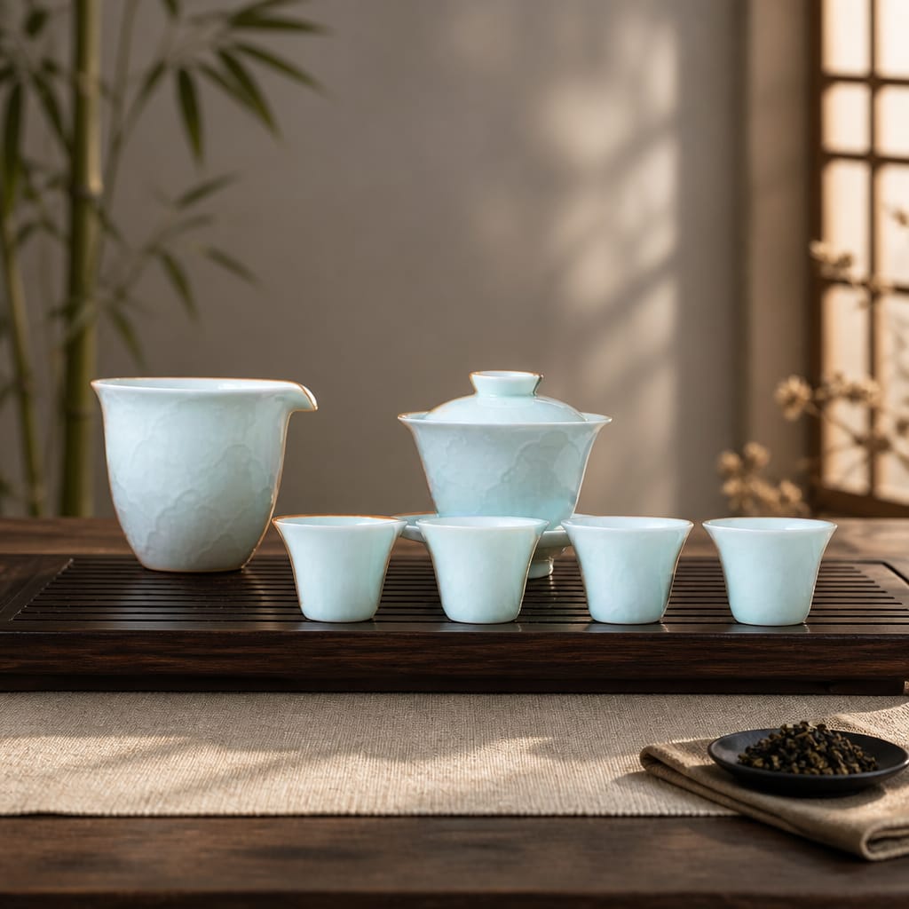 Pure Carved Porcelain Gaiwan Tea Set (6 Pcs)