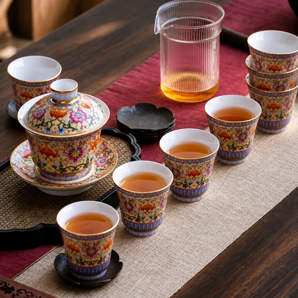 Famille Rose Porcelain Gaiwan Tea Set (10 Pcs)