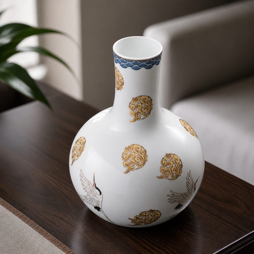 Crane Porcelain Vase with - 18K Gold