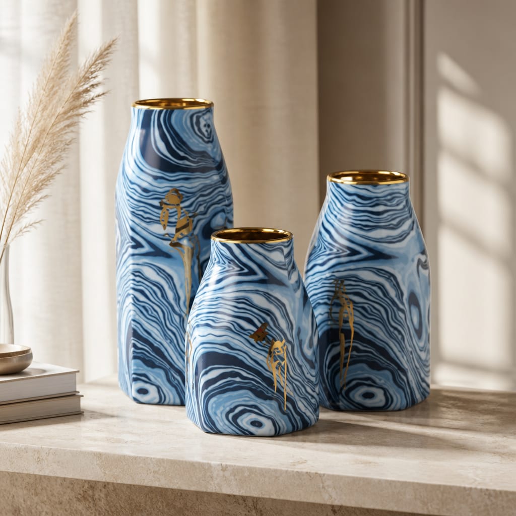 Blue Marble Gold Porcelain Ornament Set