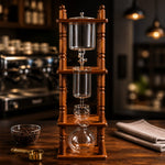 Wooden coffee brewing device with glass components on a wooden stand in a kitchen setting.