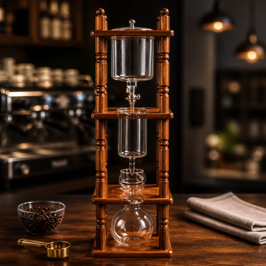 Wooden coffee brewing device with glass components on a wooden stand in a kitchen setting.